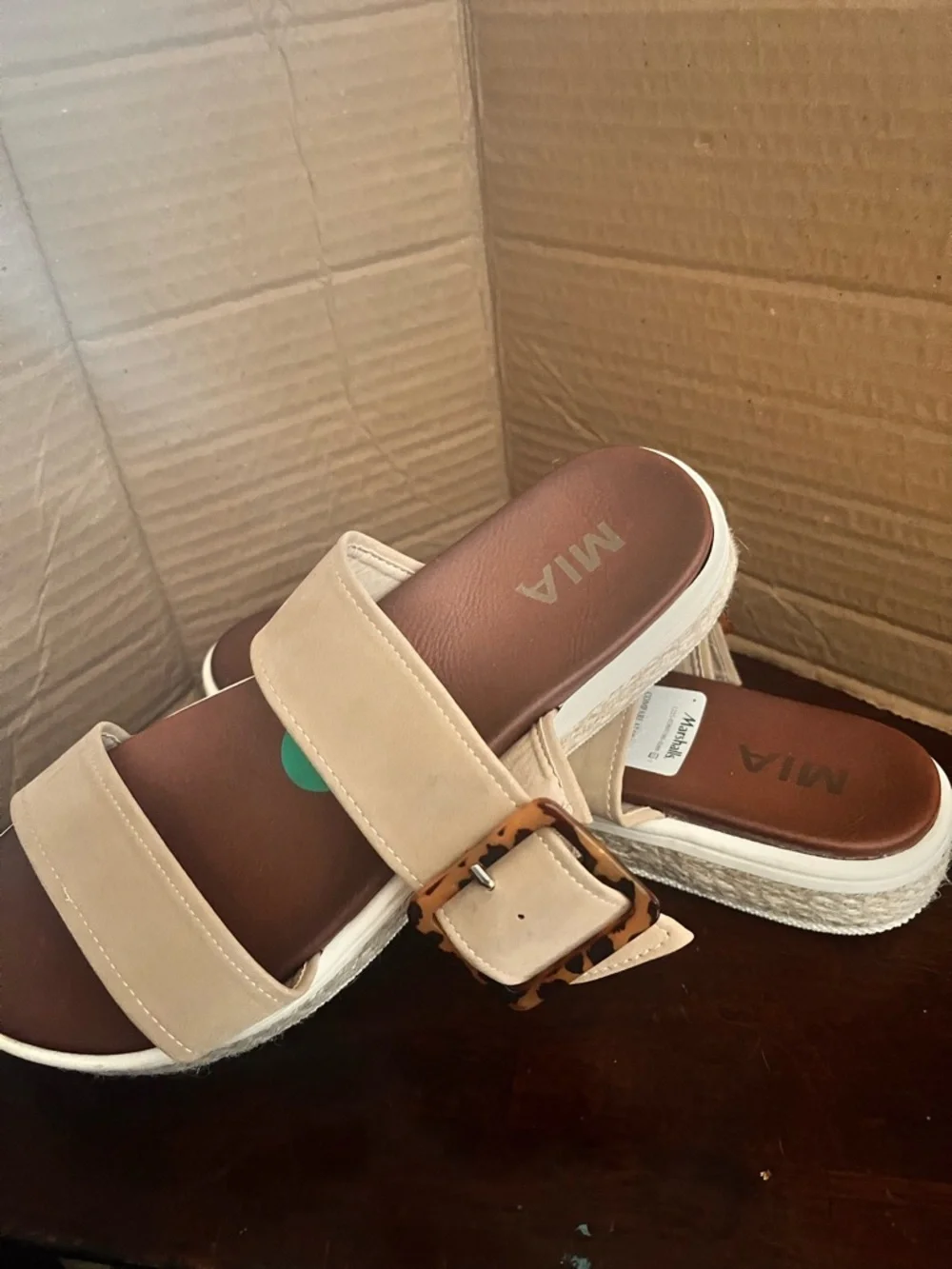 MIA Tan Double-Strap Slide Sandals with Buckle Accent - Picture 8 of 14